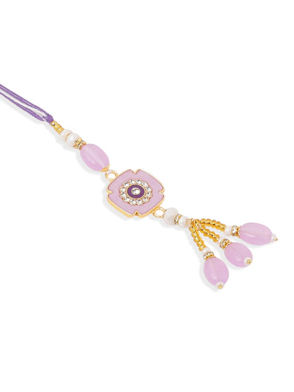 NVR Set of 2 Purple Artificial Stones & Beads Floral Design Thread Bhaiya Bhabhi Rakhi Combo