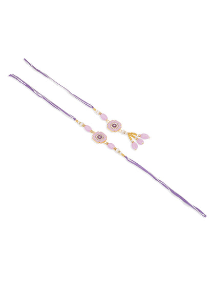 NVR Set of 2 Purple Artificial Stones & Beads Floral Design Thread Bhaiya Bhabhi Rakhi Combo