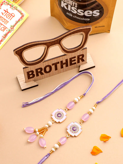 NVR Set of 2 Purple Artificial Stones & Beads Floral Design Thread Bhaiya Bhabhi Rakhi Combo