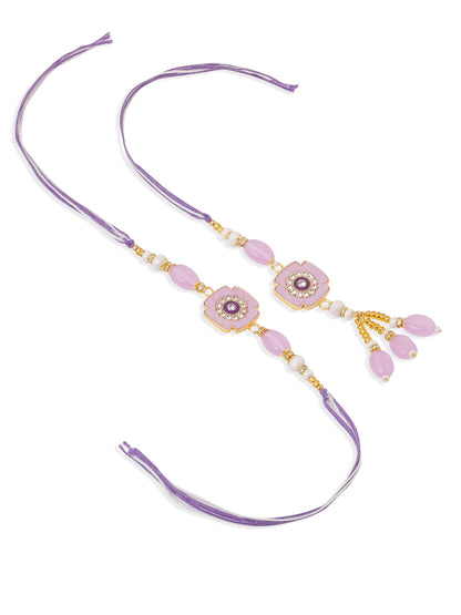NVR Set of 2 Purple Artificial Stones & Beads Floral Design Thread Bhaiya Bhabhi Rakhi with Roli Chawal Chandan & Mishri