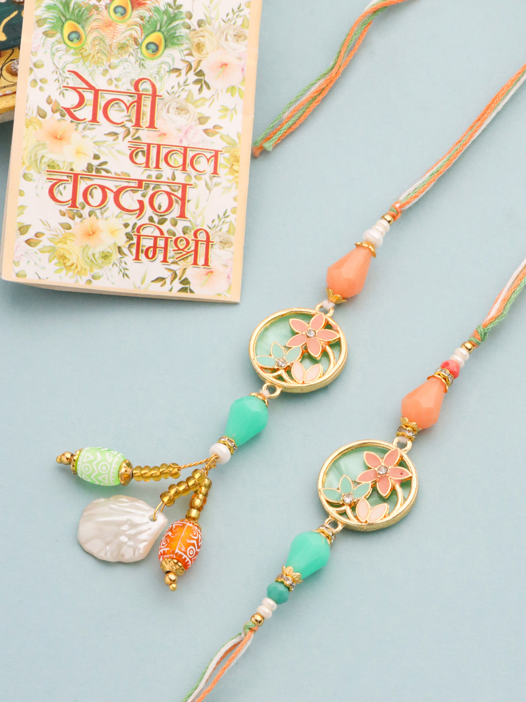 NVR Set of 2 Multicolor Artificial Beads Traditional Bhaiya Bhabhi Pair Rakhi Set with Roli Chawal Chandan & Mishri