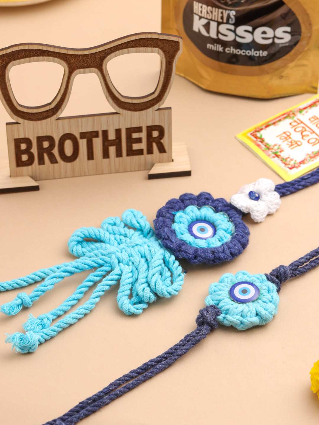 NVR Set of 2 Blue Evil Eye Floral Style Bhaiya Bhabhi Rakhi Set, Combo for Rakshabandhan