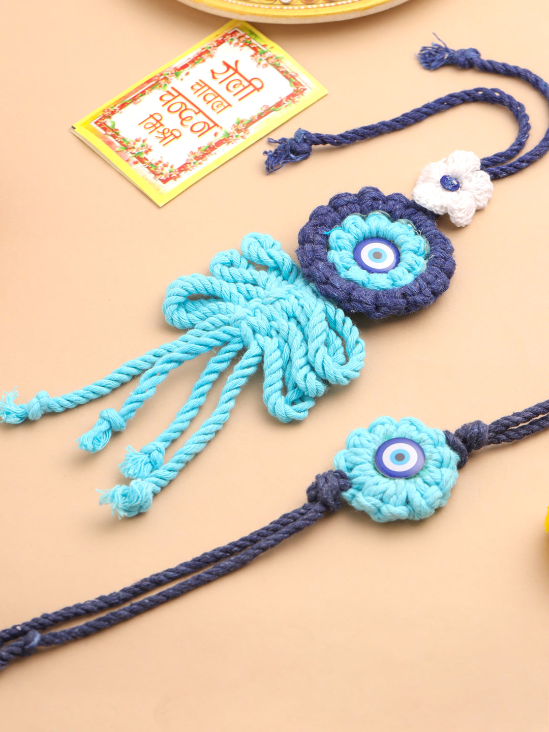 NVR Set of 2 Blue Evil Eye Floral Bhaiya Bhabhi Rakhi With Roli Chawal Chandan & Mishri