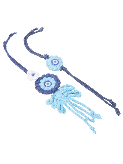 NVR Set of 2 Blue Evil Eye Floral Bhaiya Bhabhi Rakhi With Roli Chawal Chandan & Mishri