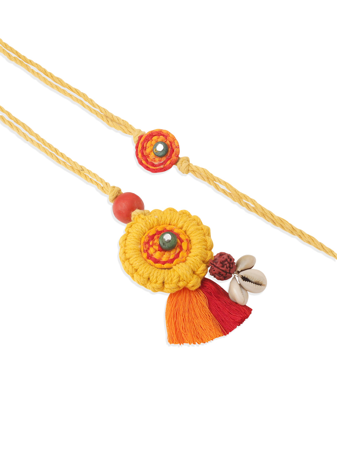 NVR Set of 2 Yellow Sea Shell Round Floral Design Bhaiya Bhabhi Rakhi Combo