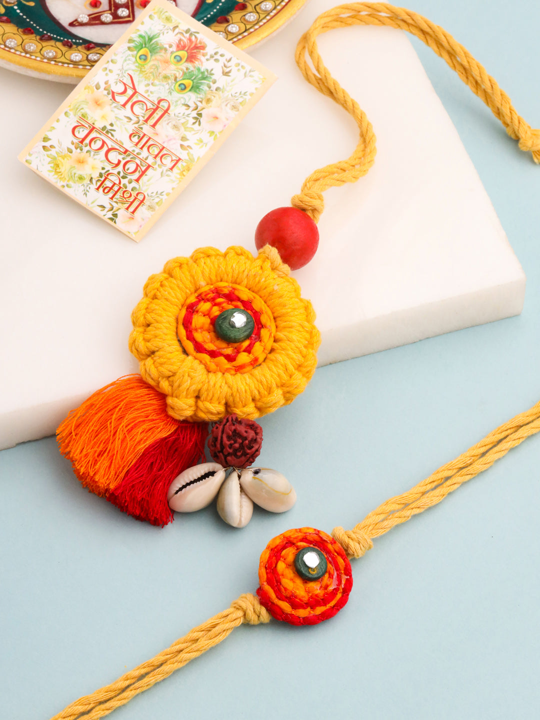NVR Set of 2 Yellow Sea Shell Round Floral Design Bhaiya Bhabhi Rakhi with Roli Chawal Chandan & Mishri