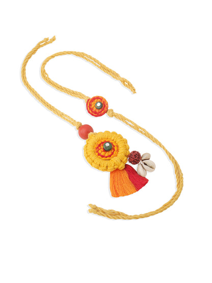 NVR Set of 2 Yellow Sea Shell Round Floral Design Bhaiya Bhabhi Rakhi with Roli Chawal Chandan & Mishri
