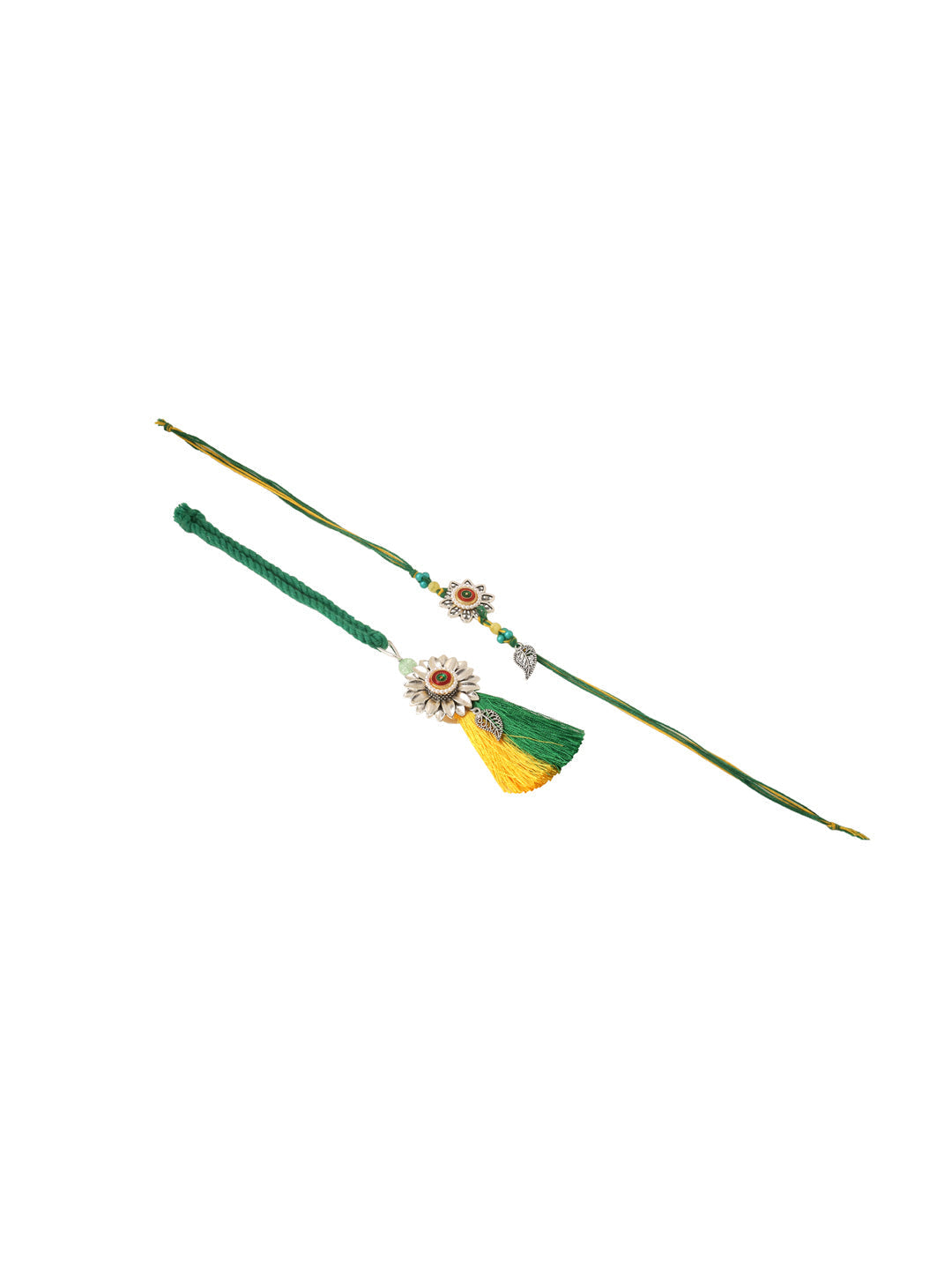 NVR Set of 2 Green Pearls Bhaiya Bhabhi Thread Rakhi with Roli Chawal Chandan & Mishri