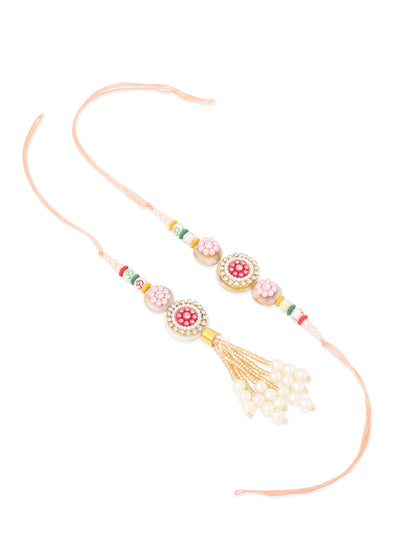 NVR Set of 2 Multicolor Artificial Stones & Beads Round Floral Bhaiya Bhabhi Rakhi Combo