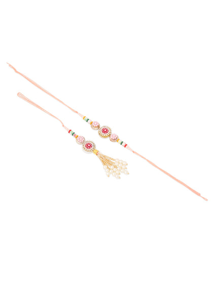NVR Set of 2 Multicolor Artificial Stones & Beads Round Floral Bhaiya Bhabhi Rakhi Combo