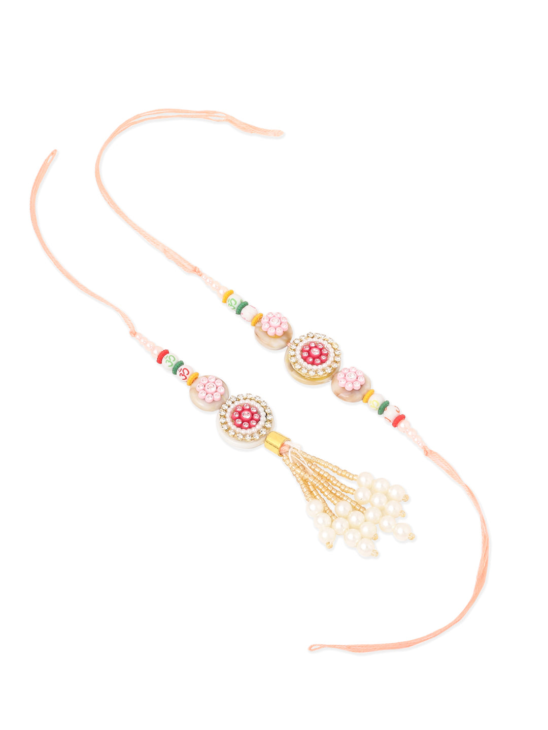 NVR Set of 2 Multicolor Artificial Stones & Beads Round Floral Bhaiya Bhabhi Rakhi with Roli Chawal Chandan & Mishri
