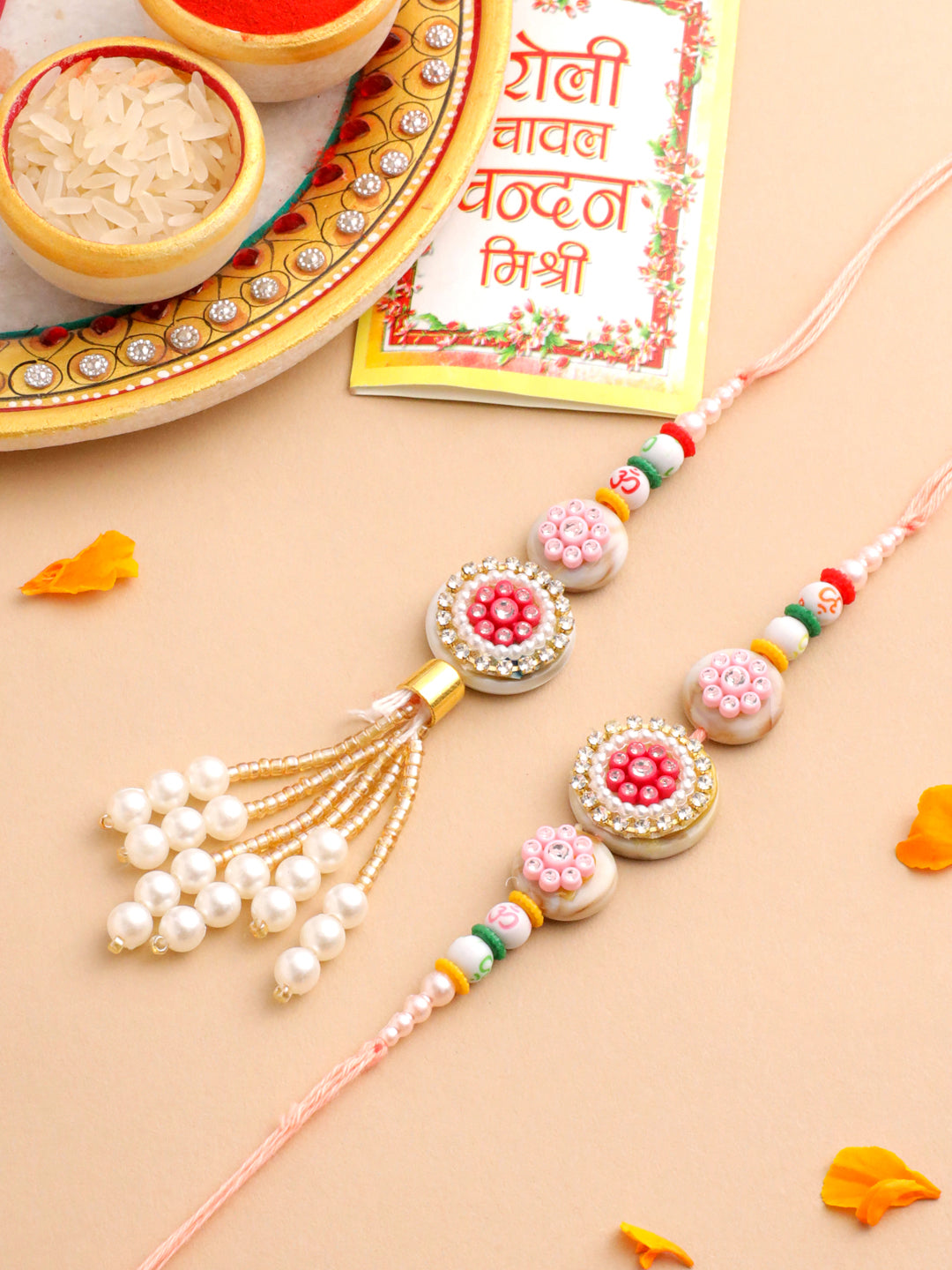 NVR Set of 2 Multicolor Artificial Stones & Beads Round Floral Bhaiya Bhabhi Rakhi with Roli Chawal Chandan & Mishri