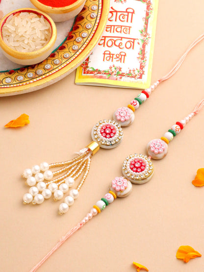 NVR Set of 2 Multicolor Artificial Stones & Beads Round Floral Bhaiya Bhabhi Rakhi with Roli Chawal Chandan & Mishri