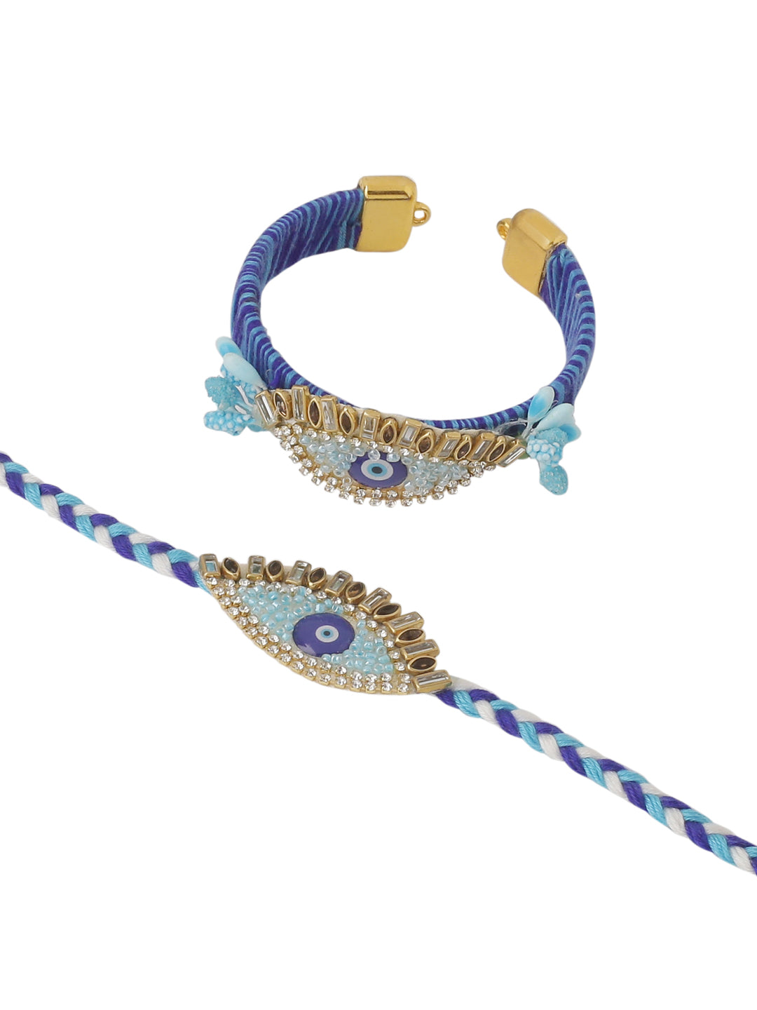 NVR Set of 2 Blue Evil Eye & Kundan Studded Handcrafted Bhaiya Bhabhi Rakhi Combo