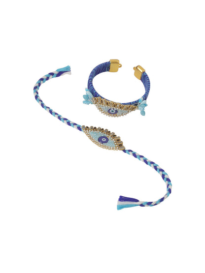 NVR Set of 2 Blue Evil Eye & Kundan Studded Handcrafted Bhaiya Bhabhi Rakhi Combo
