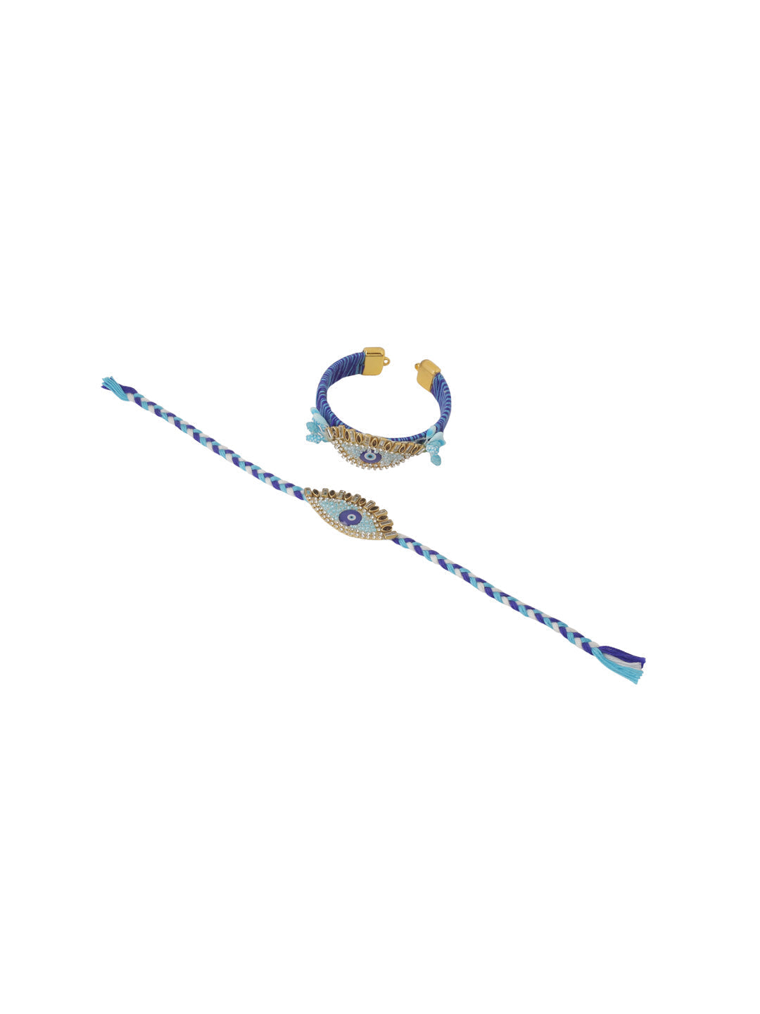 NVR Set of 2 Blue Evil Eye & Kundan Studded Handcrafted Bhaiya Bhabhi Rakhi Combo