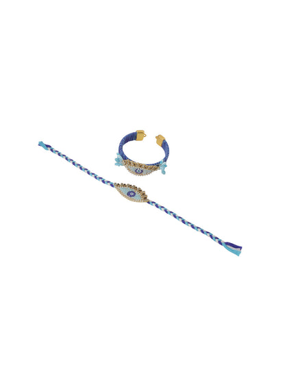 NVR Set of 2 Blue Evil Eye & Kundan Studded Handcrafted Bhaiya Bhabhi Rakhi Combo