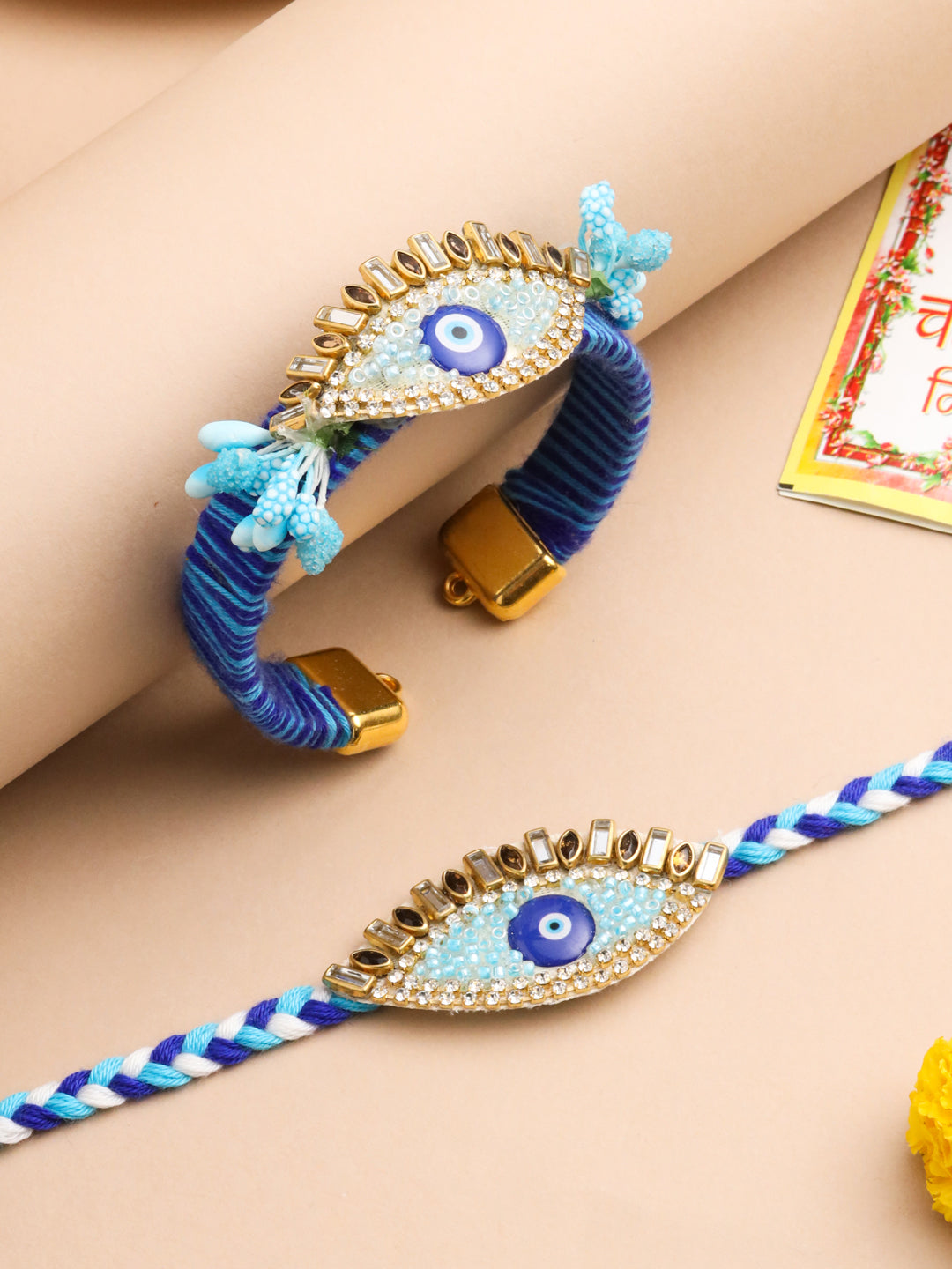 NVR Set of 2 Blue Evil Eye & Kundan Studded Handcrafted Bhaiya Bhabhi Rakhi with Roli Chawal Chandan & Mishri