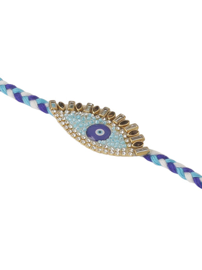 NVR Set of 2 Blue Evil Eye & Kundan Studded Handcrafted Bhaiya Bhabhi Rakhi with Roli Chawal Chandan & Mishri