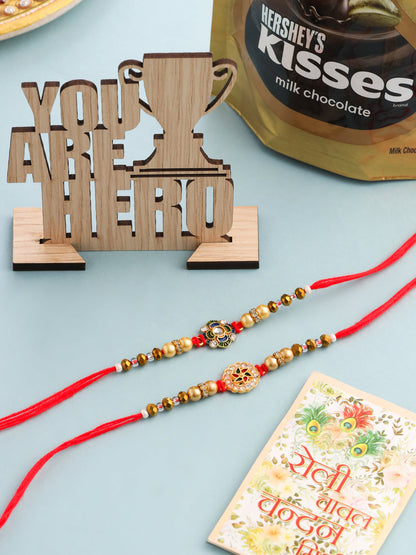 NVR Men Set of 2 Red & Gold Floral Design Artificial Stones & Beads Thread Rakhi Combo