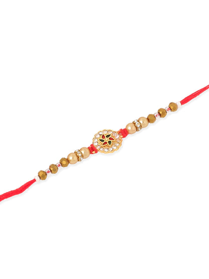 NVR Men Set of 2 Red & Gold Floral Design Artificial Stones & Beads Thread Rakhi Combo