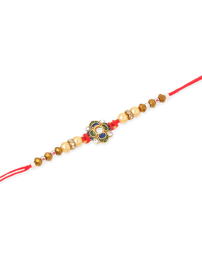 NVR Men Set of 2 Red & Gold Floral Design Artificial Stones & Beads Thread Rakhi With Roli Chawal Chandan & Mishri