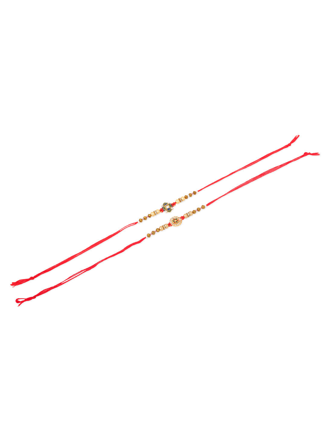 NVR Men Set of 2 Red & Gold Floral Design Artificial Stones & Beads Thread Rakhi With Roli Chawal Chandan & Mishri