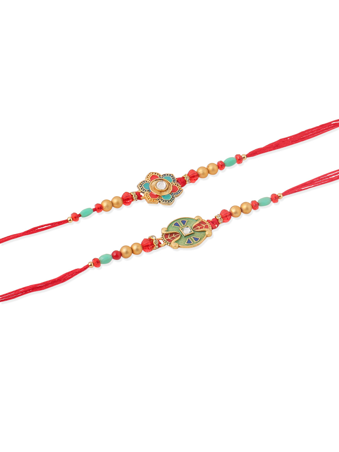 NVR Men Set of 2 Floral Design Red Artificial Stones & Beads Thread Rakhi With Roli Chawal Chandan & Mishri