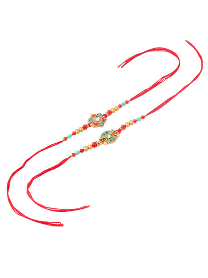 NVR Men Set of 2 Floral Design Red Artificial Stones & Beads Thread Rakhi With Roli Chawal Chandan & Mishri