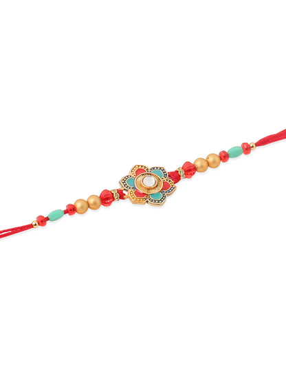 NVR Men Set of 2 Floral Design Red Artificial Stones & Beads Thread Rakhi With Roli Chawal Chandan & Mishri