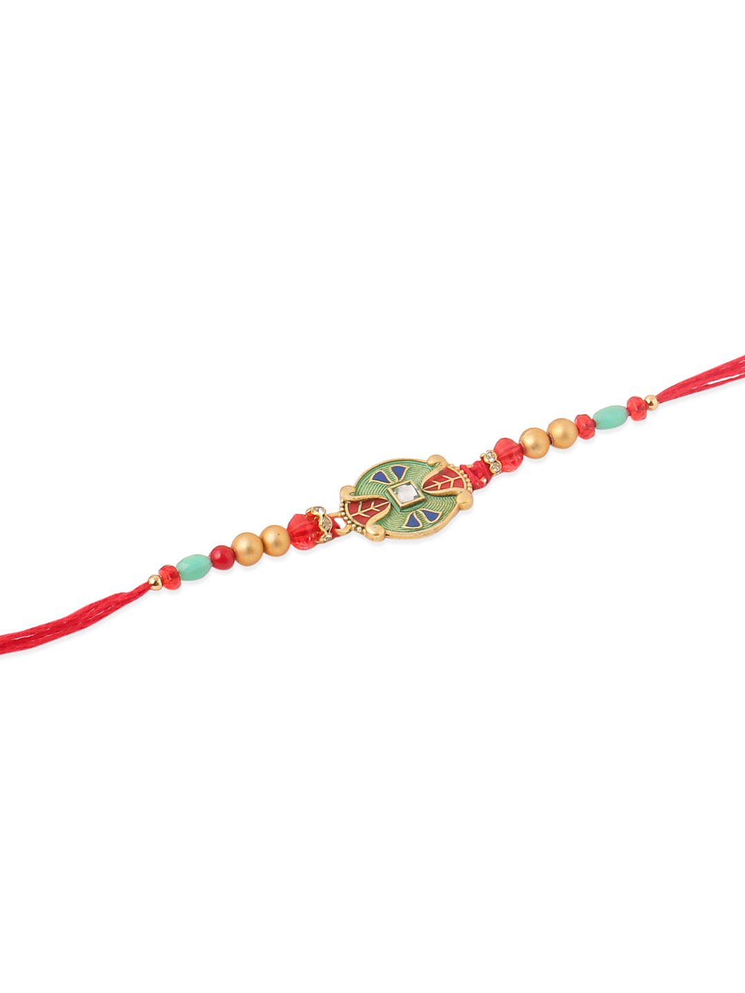 NVR Men Set of 2 Floral Design Red Artificial Stones & Beads Thread Rakhi With Roli Chawal Chandan & Mishri