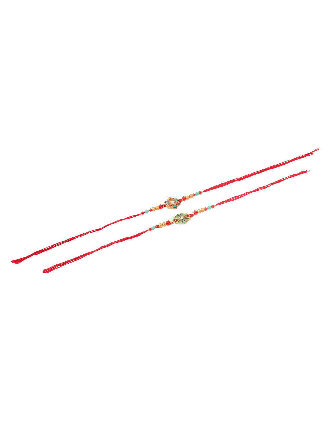 NVR Men Set of 2 Floral Design Red Artificial Stones & Beads Thread Rakhi With Roli Chawal Chandan & Mishri