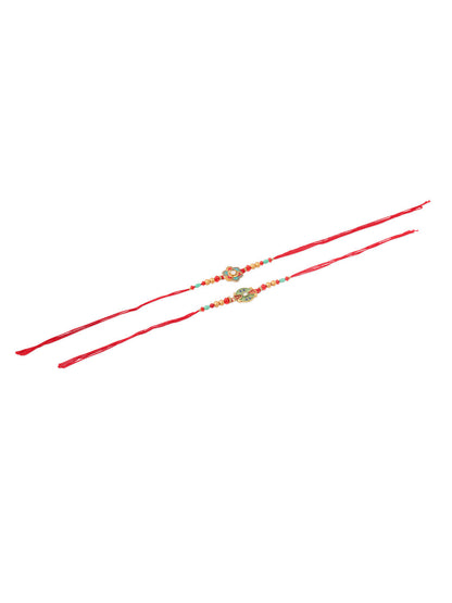 NVR Men Set of 2 Floral Design Red Artificial Stones & Beads Thread Rakhi With Roli Chawal Chandan & Mishri