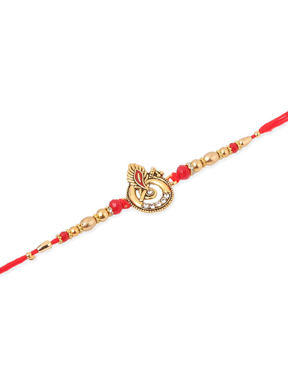 NVR Men Set of 2 Golden Red Religious Designer Ganesh Ji Thread Rakhi With Roli Chawal Chandan & Mishri