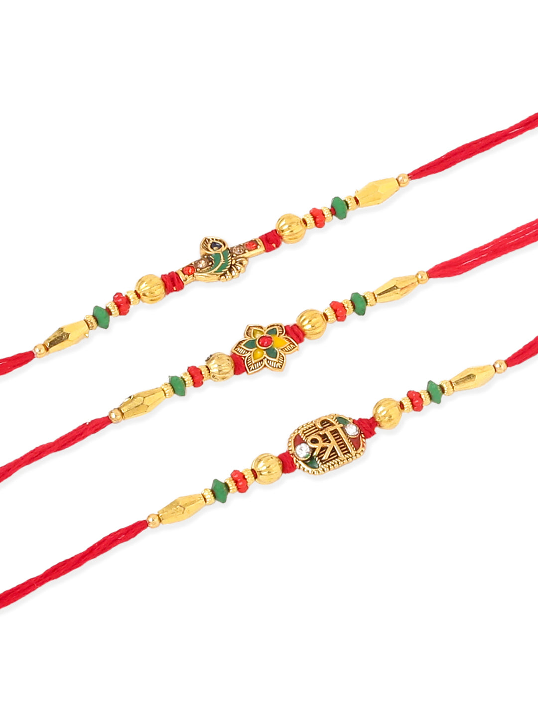NVR Men Set of 3 Red & Gold Floral Design Artificial Stones and Beads Thread Rakhi Combo