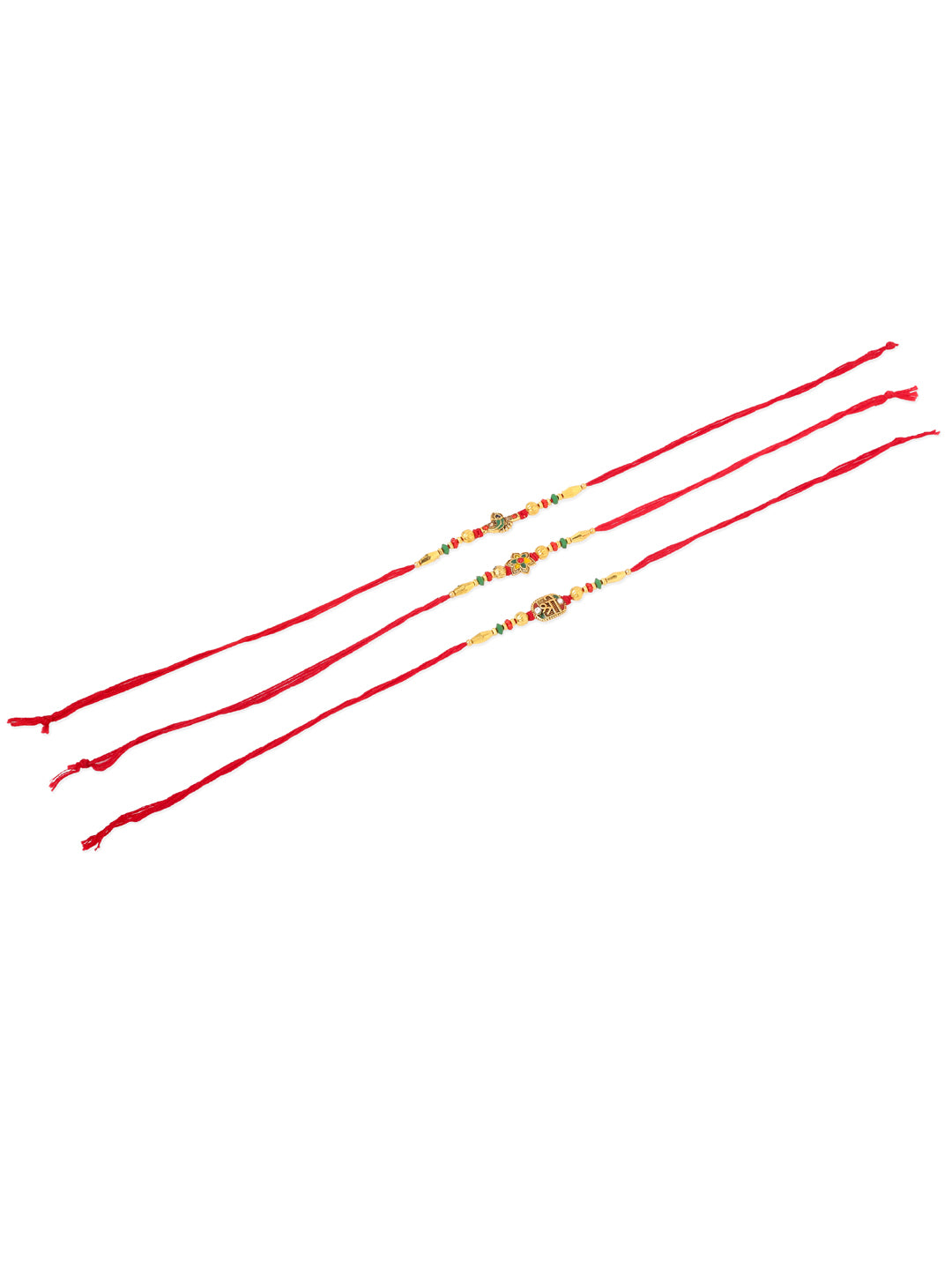 NVR Men Set of 3 Red & Gold Floral Design Artificial Stones and Beads Thread Rakhi Combo
