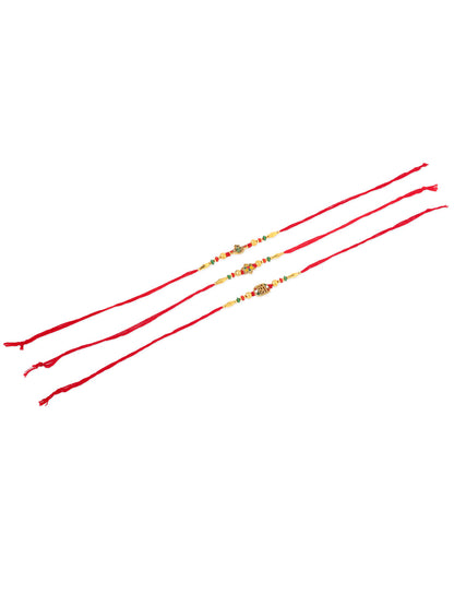 NVR Men Set of 3 Red & Gold Floral Design Artificial Stones and Beads Thread Rakhi Combo