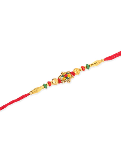 NVR Men Set of 3 Red & Gold Floral Design Artificial Stones and Beads Thread Rakhi Combo