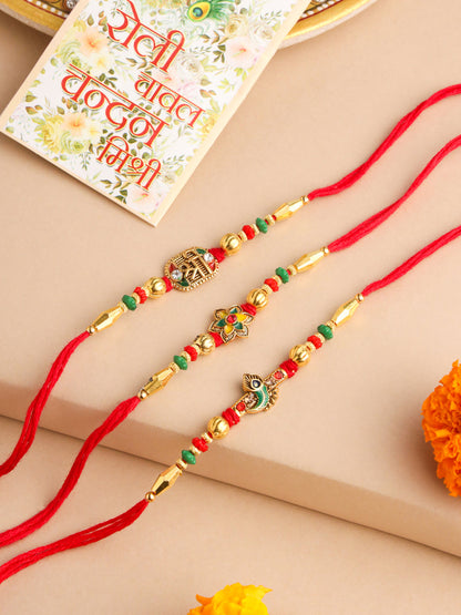 NVR Men Set of 3 Red & Gold Floral Design Artificial Stones and Beads Thread Rakhi With Roli Chawal Chandan & Mishri