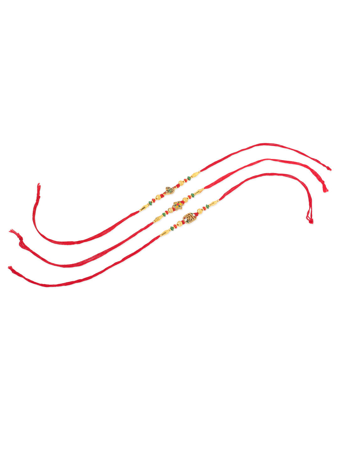 NVR Men Set of 3 Red & Gold Floral Design Artificial Stones and Beads Thread Rakhi With Roli Chawal Chandan & Mishri