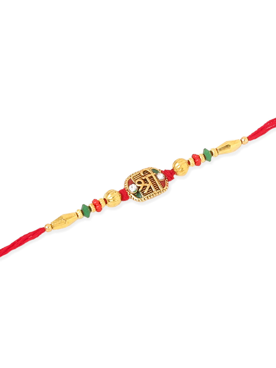 NVR Men Set of 3 Red & Gold Floral Design Artificial Stones and Beads Thread Rakhi With Roli Chawal Chandan & Mishri