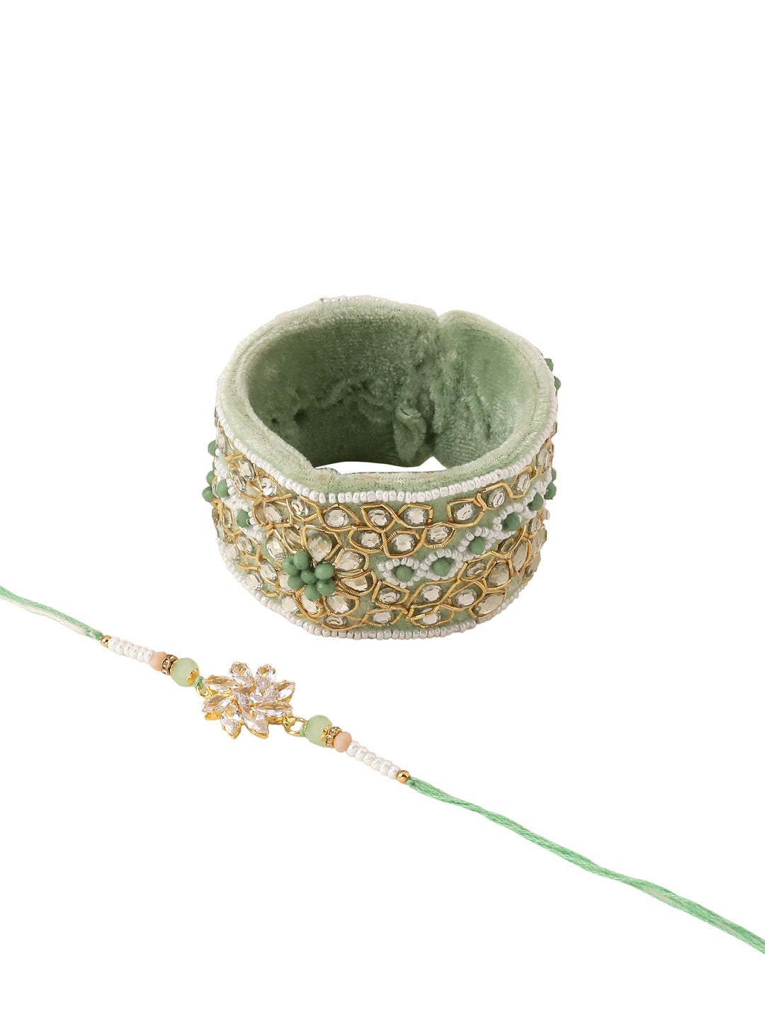 NVR Set of 2 Green Artificial Stones Bhaiya Bhabhi Rakhi With Roli Chawal Chandan & Mishri