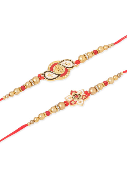 NVR Men Set of 2 Red & Gold Floral Design Artificial Beads Thread Rakhi Combo