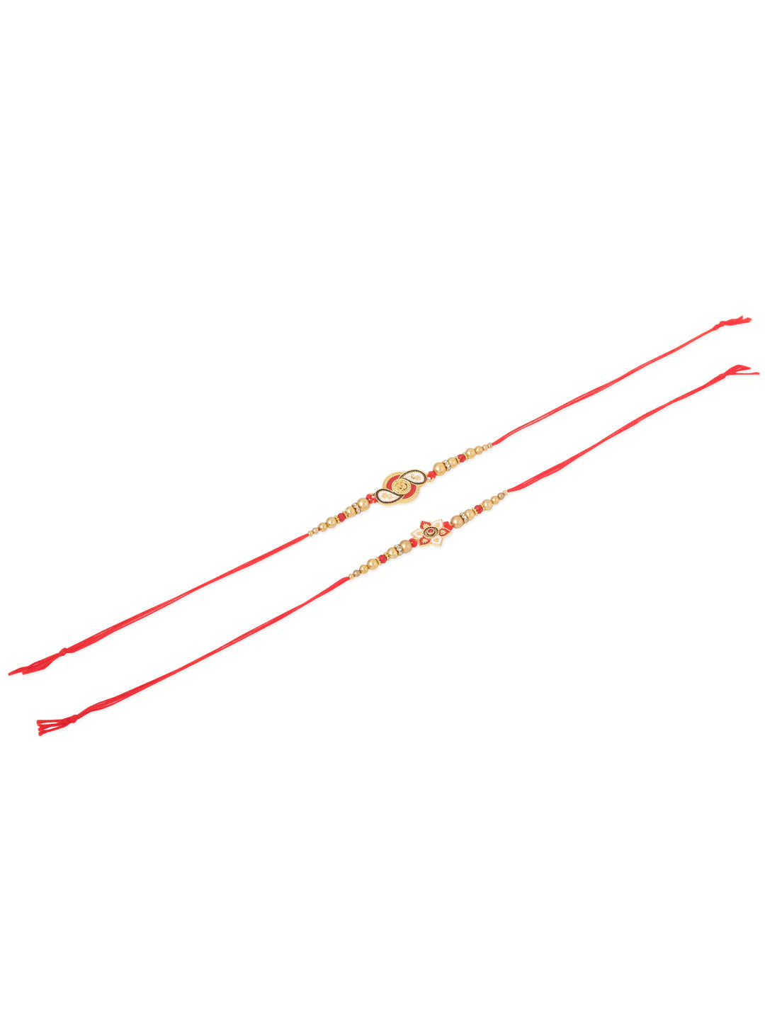 NVR Men Set of 2 Red & Gold Floral Design Artificial Beads Thread Rakhi Combo
