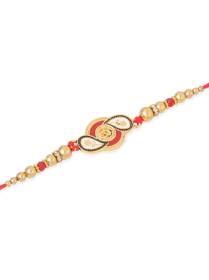 NVR Men Set of 2 Red & Gold Floral Design Artificial Beads Thread Rakhi With Roli Chawal Chandan & Mishri