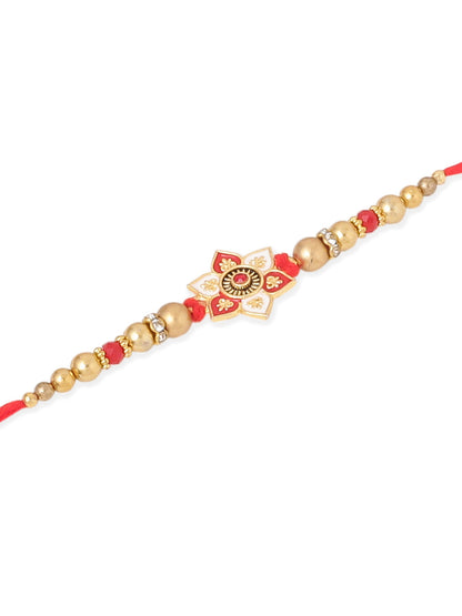 NVR Men Set of 2 Red & Gold Floral Design Artificial Beads Thread Rakhi With Roli Chawal Chandan & Mishri