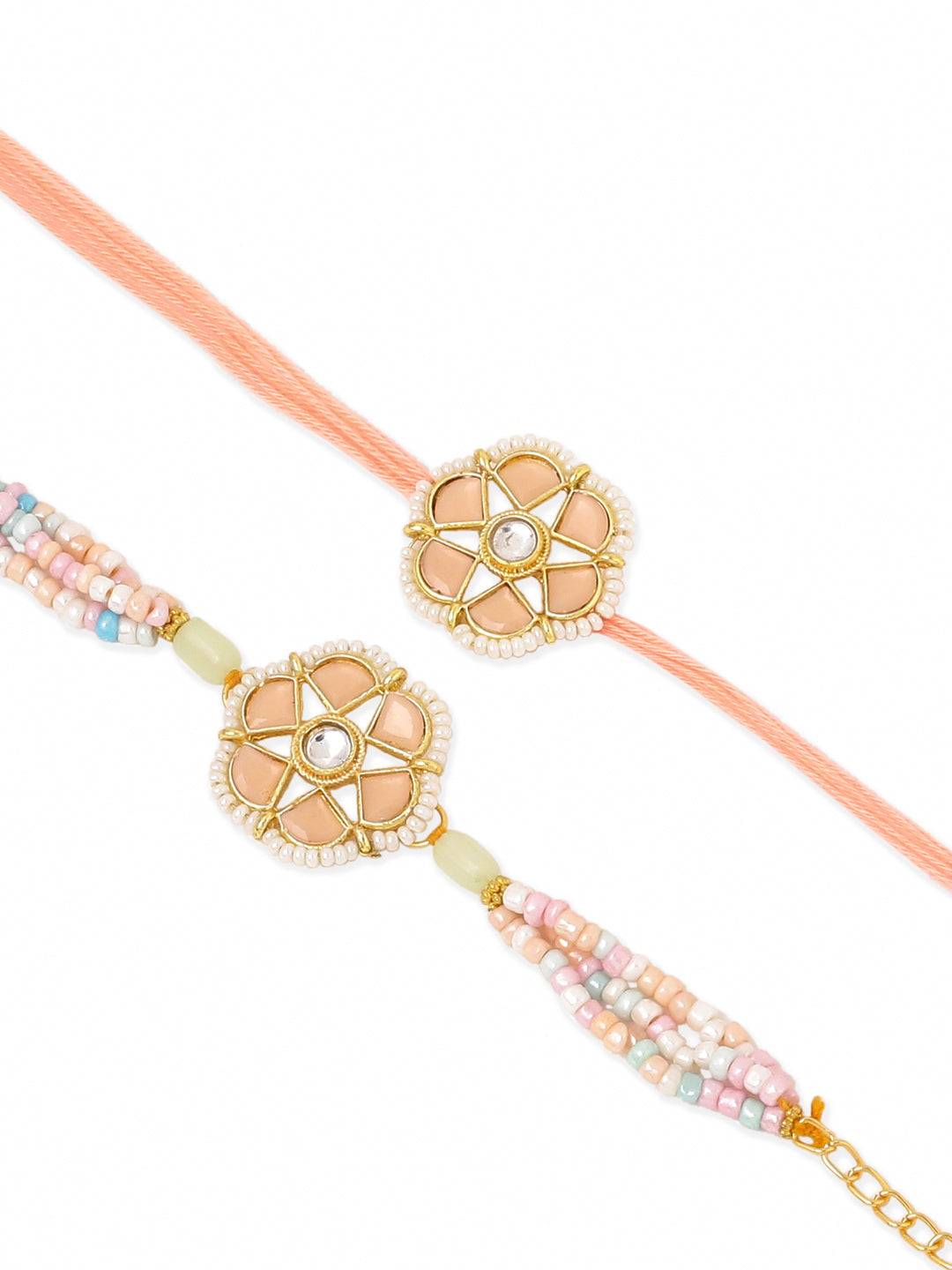 NVR Set of 2 Peach Color Artificial Stones & Pearls Bhaiya Bhabhi Rakhi Combo