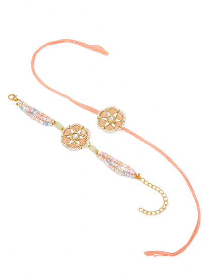 NVR Set of 2 Peach Color Artificial Stones & Pearls Bhaiya Bhabhi Rakhi Combo