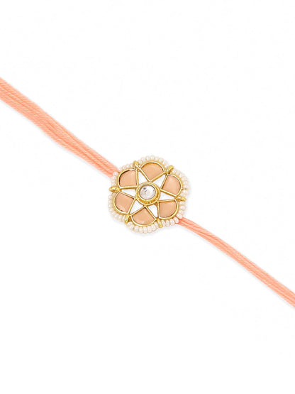 NVR Set of 2 Peach Color Artificial Stones & Pearls Bhaiya Bhabhi Rakhi Combo