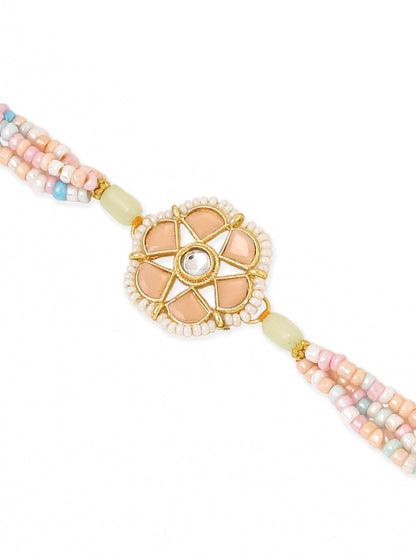 NVR Set of 2 Peach Color Artificial Stones & Pearls Bhaiya Bhabhi Rakhi With Roli Chawal Chandan & Mishri